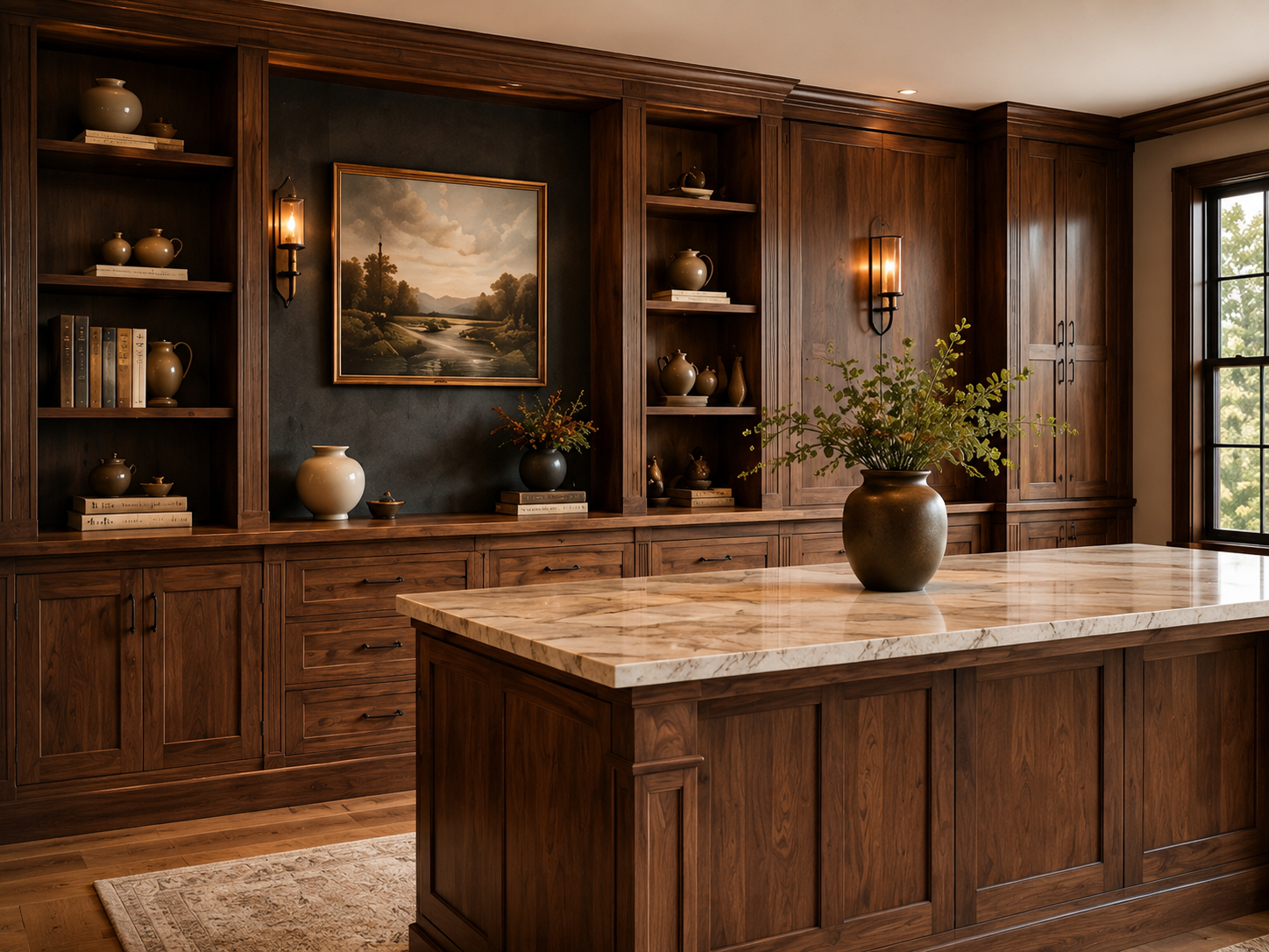 Custom wood-paneled room, built-in cabinetry, and kitchen island